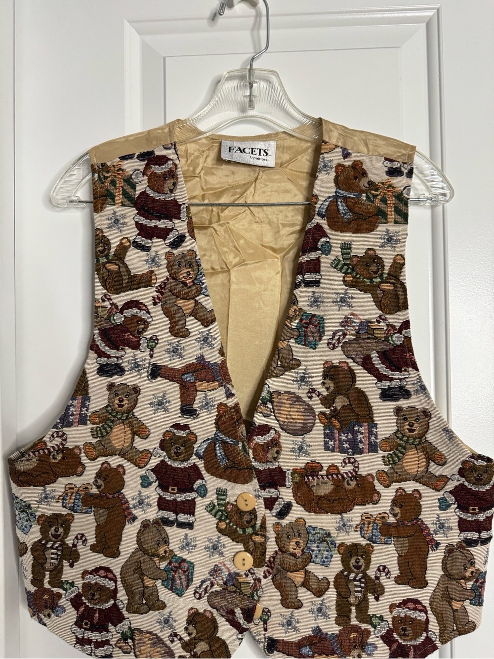 Vintage Facets by Mirrors Teddy Bear Tapestry Vest size Large Xmas Vest 90’s